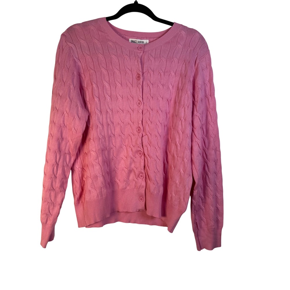 Grace Karin Women's Pink Cable Knit Button Down Cardigan Sweater XL Grandma Core